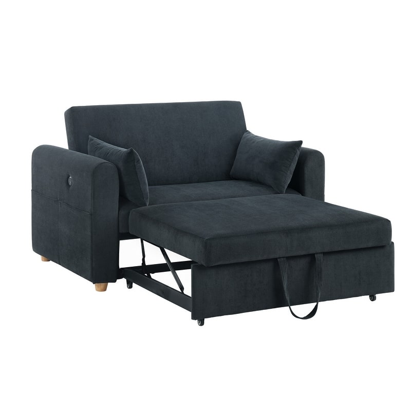 Marielle 55"W Corduroy Convertible Sleeper Loveseat with USB Ports, Magazine Pockets, and Pillows