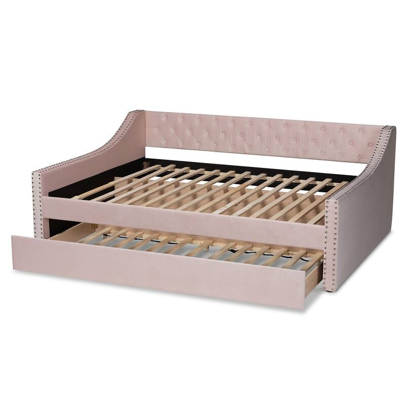 Pink Velvet Daybed with Trundle - Full Size Upholstered Day Bed, Button Tufted Design, Nailhead Trim