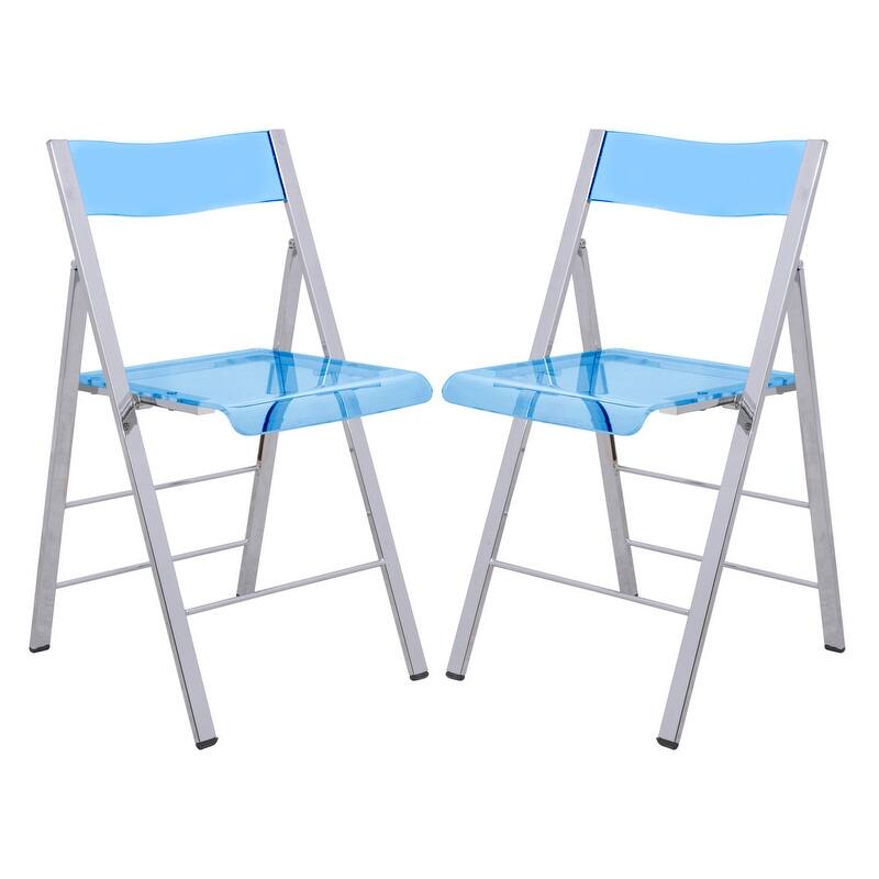 Menno Modern Acrylic Folding Dining Chairs with Stainless Steel Frames and Rubber Pads (Set of 2) - Blue
