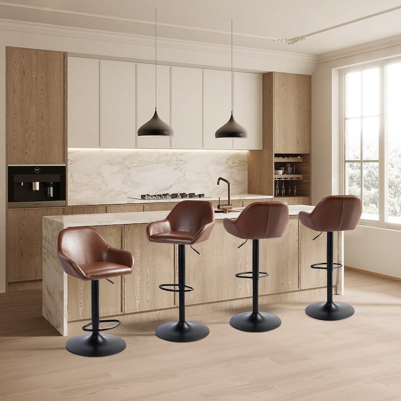 Glitzhome Mid-Century Height Adjustable Faux Leather Swivel Counter Bar Stools - Set of 4 - Brown