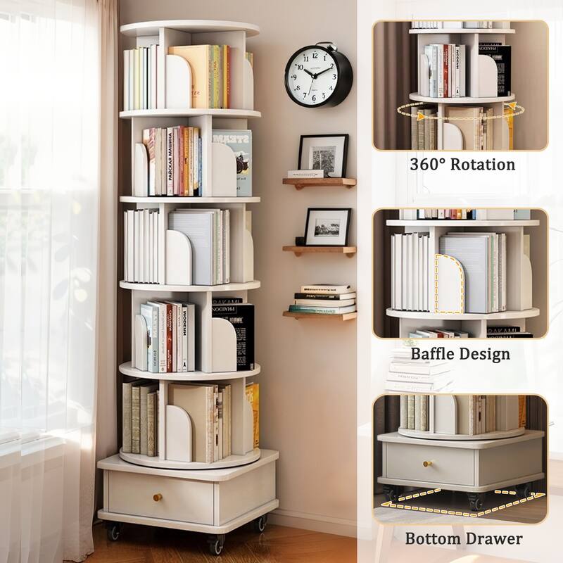 Anmytek 360 Rotating Corner Bookshelf with Wheels Space Saving Storage for Small Rooms