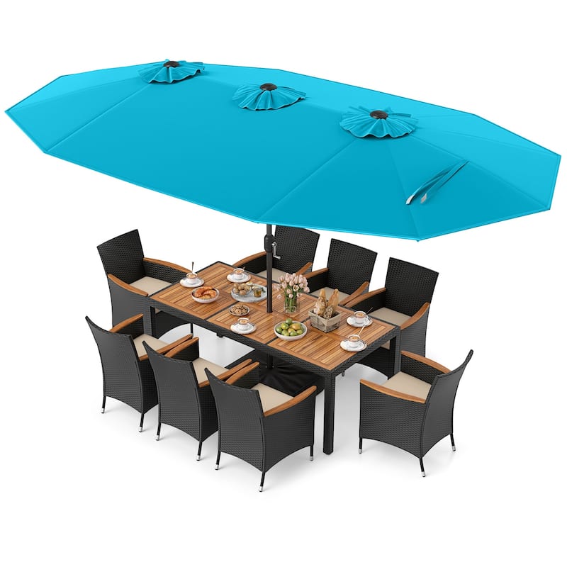 Costway 11 PCS Patio Wicker Dining Set with Double-Sided Outdoor - See Details - Turquoise+White