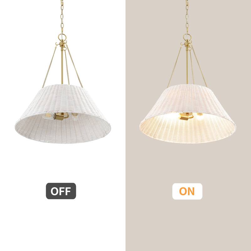 Farmhouse Chandelier 22" 3-Light Brass White Rattan Shade