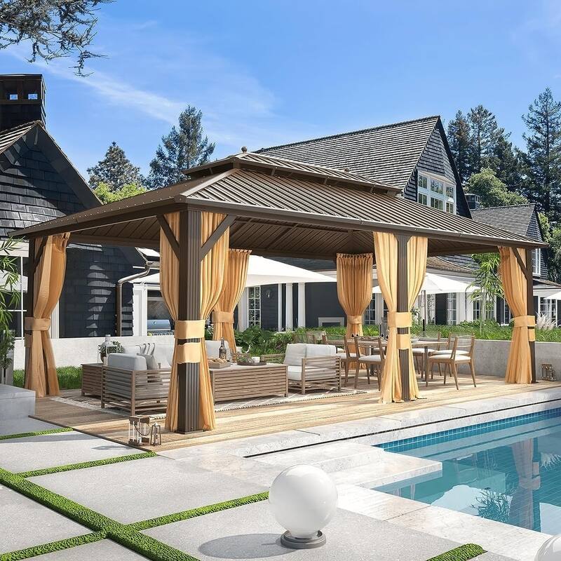 Erommy Pro Series Outdoor Galvanized Steel Roof Gazebo Pergola w/ Aluminum Frame & Vertical Rain Cutter