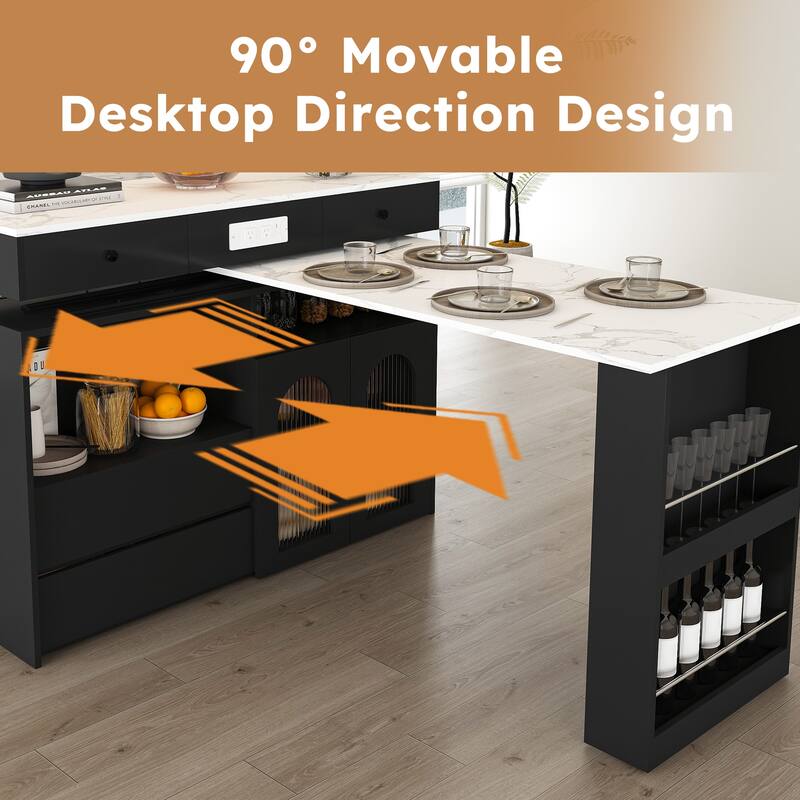 Kitchen Island with Extendable Rotating Table, 4 Drawers, Glass Doors & Built-in Socket