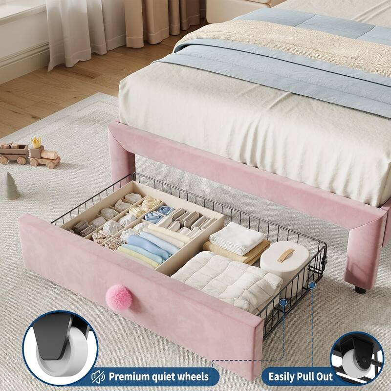 Upholstered Bed Frame for Kids with Storage Drawer and Scallop Headboard, No Box Spring Needed
