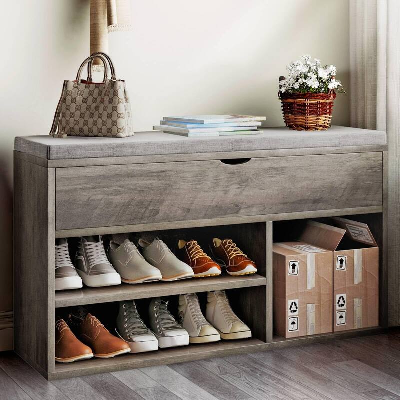 Shoe Storage Bench with a Cushioned Seat and 2 Tiers of Shelves - Grey