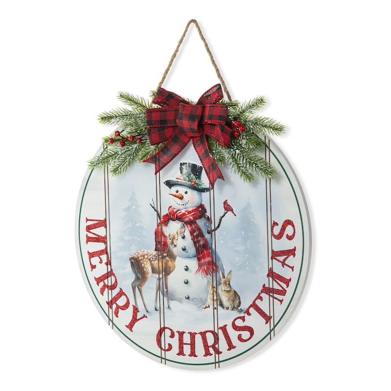 Glitzhome 15"D Wooden Merry Christmas Round Snowman Wall Sign Door Hanger