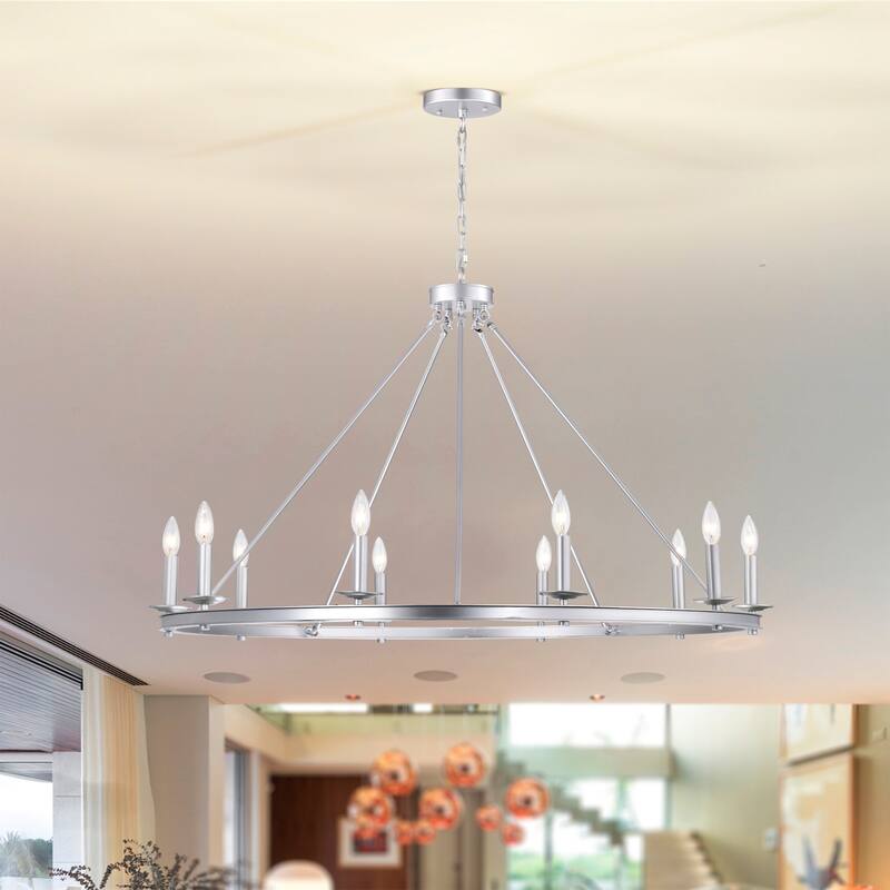 Marcel Candle Style Wagon Wheel 45 Inch Chandelier Metallic Silver Finish 10 Light