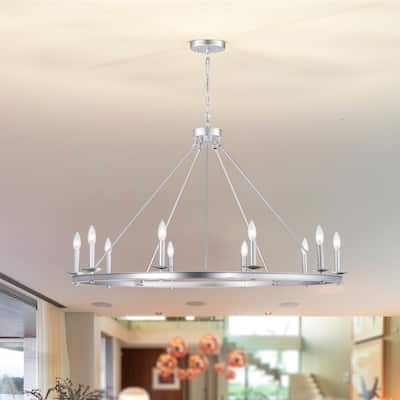 Marcel Candle Style Wagon Wheel 45 Inch Chandelier Metallic Silver Finish 10 Light
