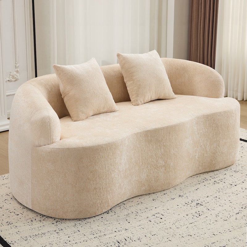 Beige Curved Loveseat Sofa With Round Armrest, Compression Couch With 2 Pillows, Cream Couch For Small Space