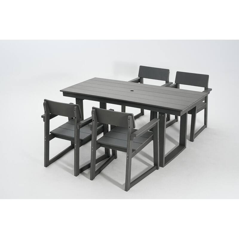 5-Piece HDPE Outdoor Dining Set for 4 - Weather-Resistant Patio Table with Umbrella Hole and 4 Armrest Chairs