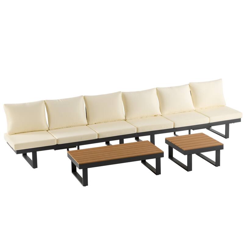 Outdoor Patio Conversation Sofa Set L-shape Sectional Sofa Set with Adjustable Reclining Seats, Coffee Table, Side Table