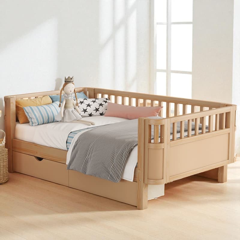 Twin/Full Size Wooden Platform Bed with Safety Rails and 2 Storage Drawers, Low Profile Kids Bed Frame