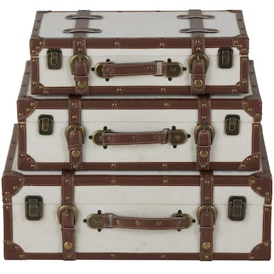 Wooden Vintage Storage Decorative Trunk with Brown Leather Accents and Bronze Latches - Set of 3 Light Gray - Roche River Decor