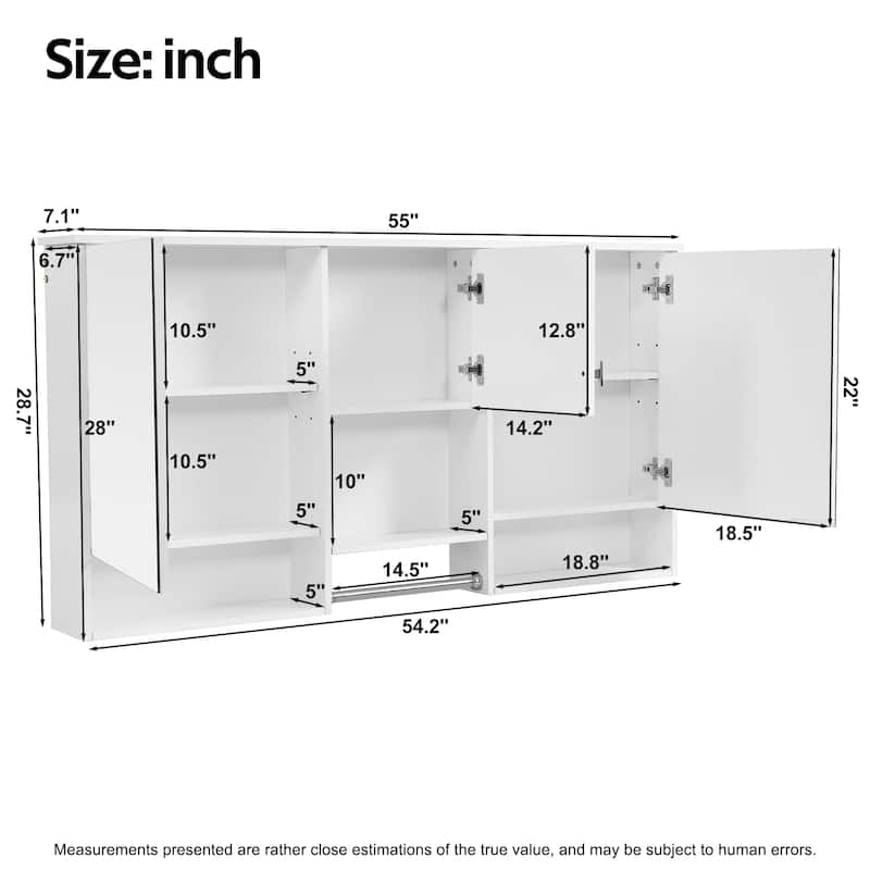 55" Wall-Mount 3-in-1 Mirror Cabinet with Adjustable Shelf, Soft-Closing Hinges, High-Quality MDF, for Bathroom Vanity