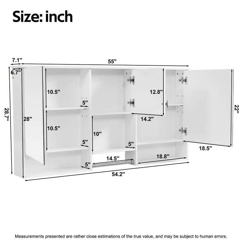 55 Inch 3-in-1 Wall-Mount Mirror Cabinet - Adjustable Shelf & Soft-Closing Hinges, MDF for Bathroom & Living Room