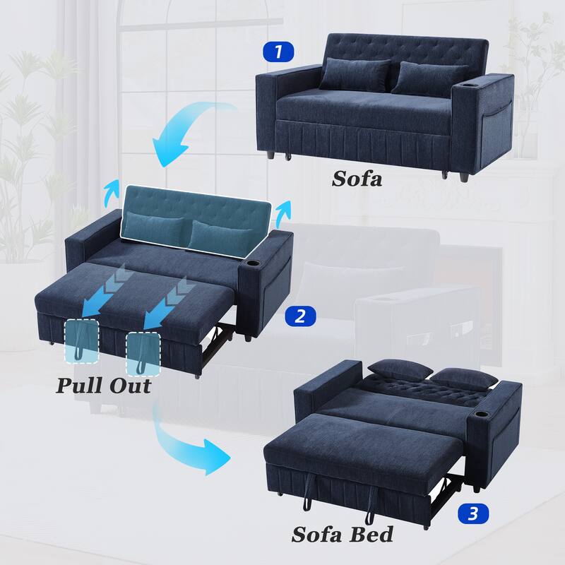 61.41" Chenille Convertible Sofa Bed with Adjustable Backrest, USB & Cup Holders