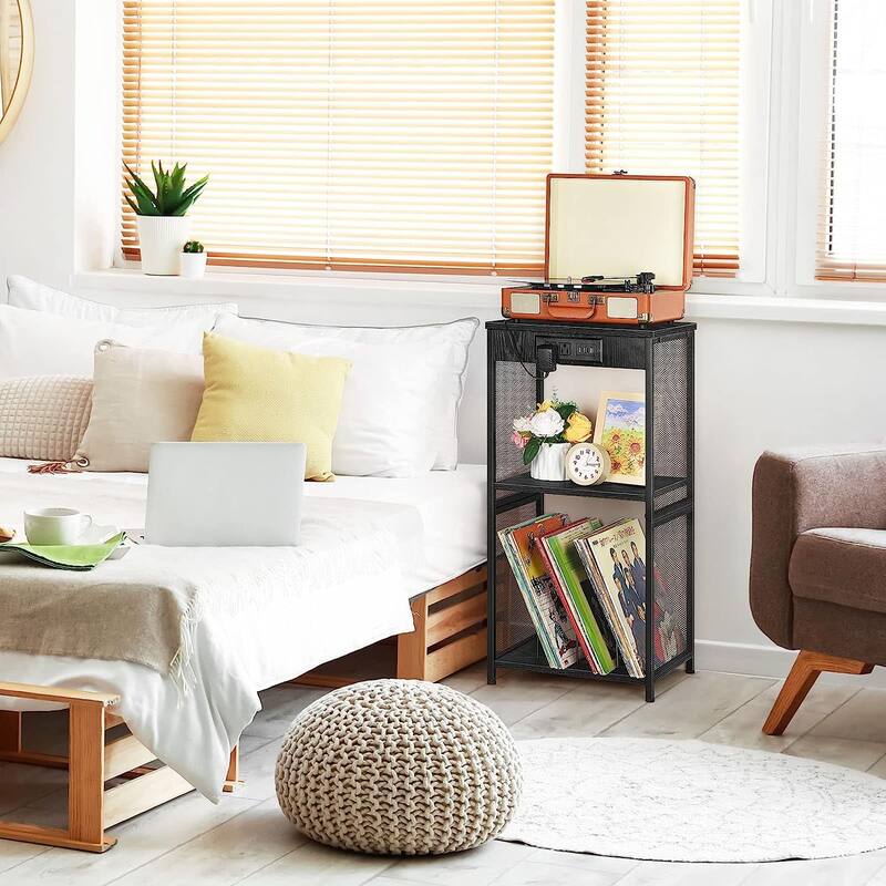 Vinyl Record Storage Table with Album Storage Power Outlet