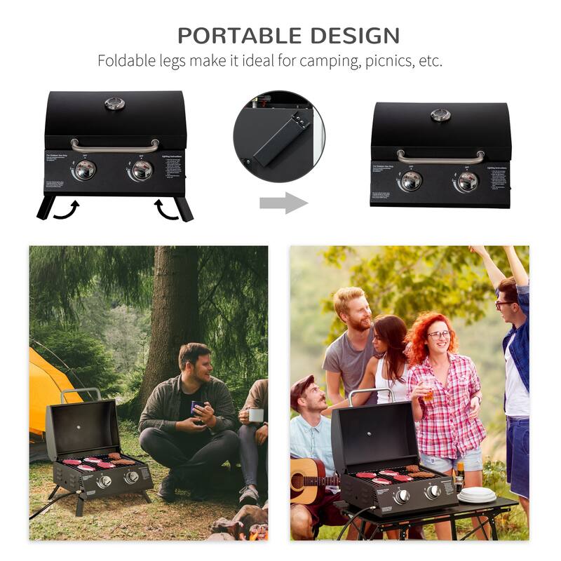 Outsunny 2 Burner Propane Gas Grill Outdoor Portable Tabletop BBQ with Foldable Legs for Camping, Picnic, Backyard