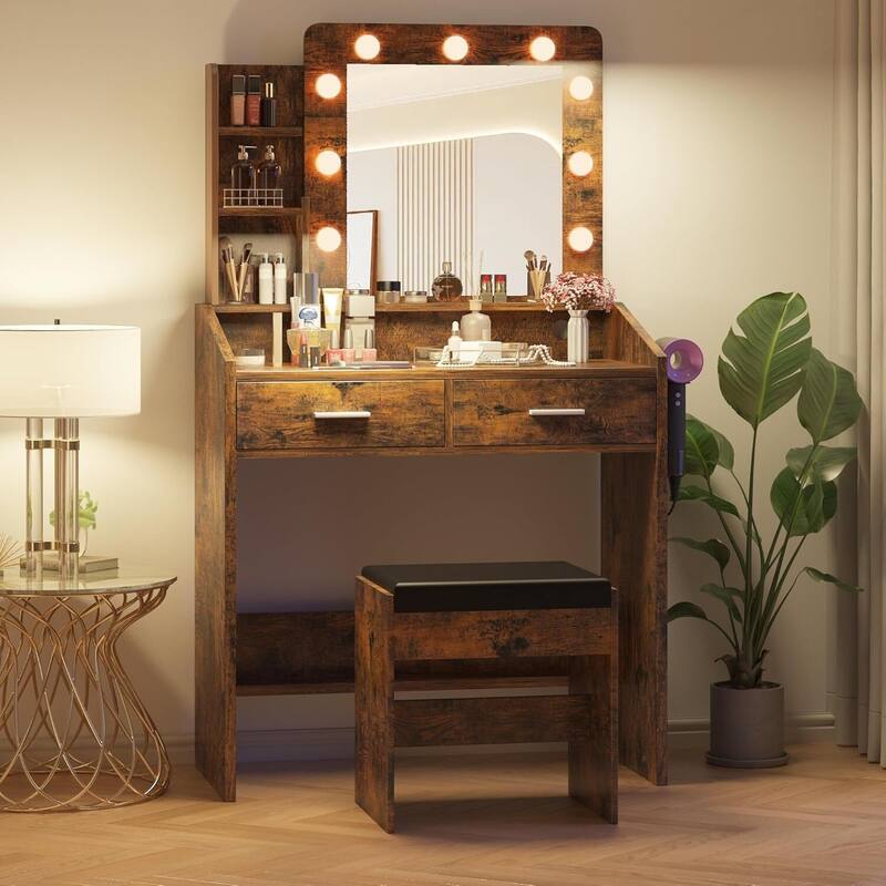 Dressing Table, Makeup Vanity Desk with Mirror and Lights for Bedroom - Brown