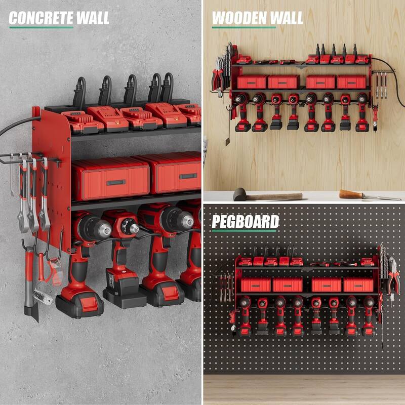 Power Tool Organizer with Charging Station Garage 8 Drill Holders Wall Mount with 8 Outlets Power Strip