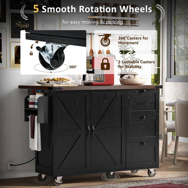 Rolling Kitchen Island with Folding Drop Leaf, Wooden Storage Cabinet with Power Outlet, Internal Storage Rack and Spice Rack