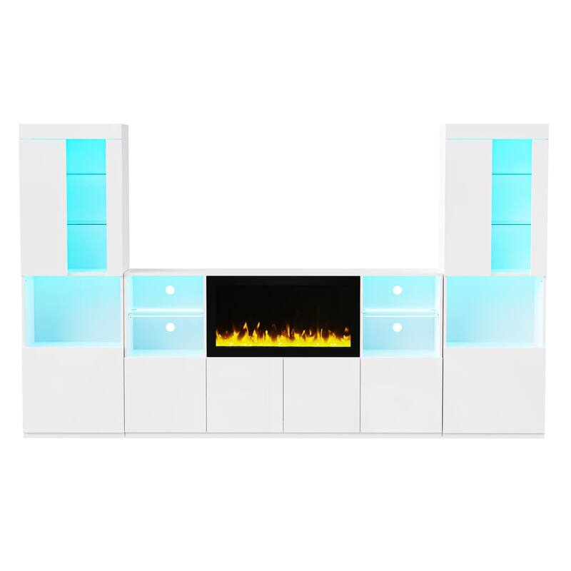 LED High Gloss TV Stand Display Cabinet Set with Glass Shelves, 111" TV Media Storage Console with Electric Fireplace