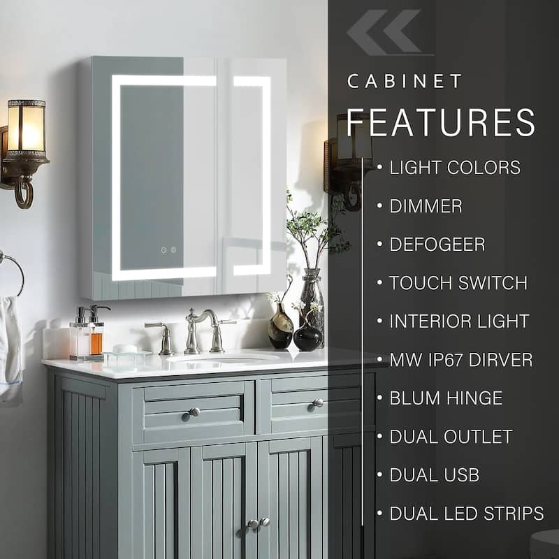 30" H Recessed or Surface LED Mirror Cabinet with Adjustable Glass Shelves,Defogger, Dimmer And Outlets & USB Ports