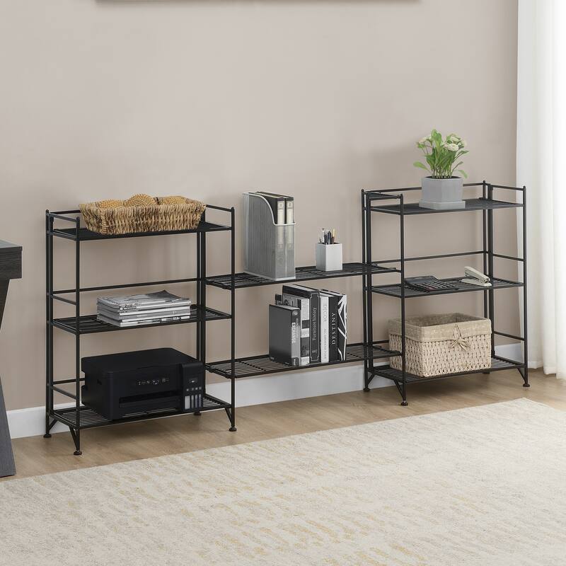 Xtra Storage 3 Tier Wide Folding Metal Shelves with Set of 2 Deluxe Extension Shelves - Black