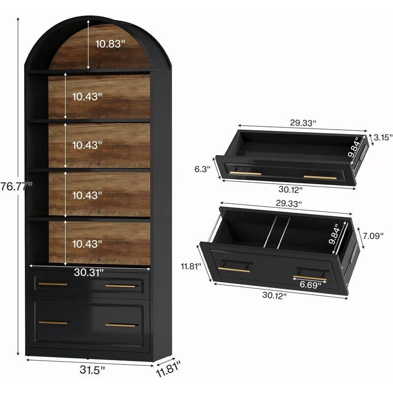 5-Tier Arched Bookshelf with Drawer & File Cabinet, Wood Storage Bookcase for Living Room or Home Office