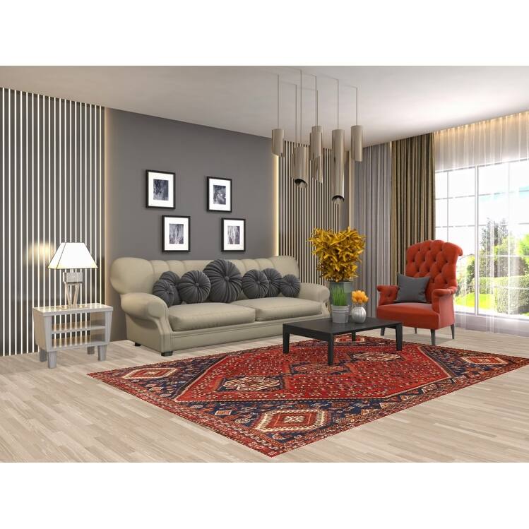 Hand Knotted Oriental 100% Wool Carpet Traditional Geometric Red Shiraz Area Rug - 8' 7'' X 5' 8''