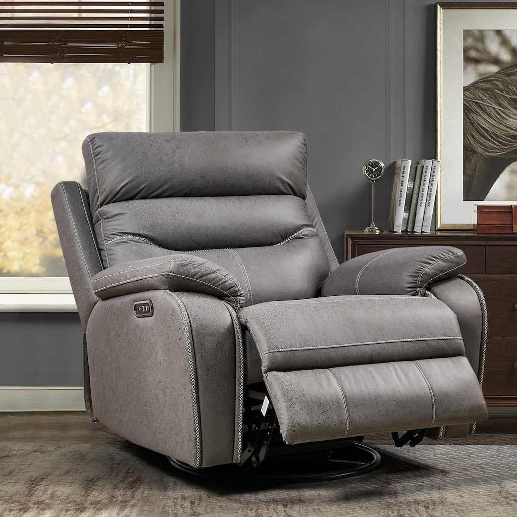 Grey Dual Motor Recliner Chair with 240° Swivel, USB Connectivity, Rocking Feature, and Adjustable Headrest