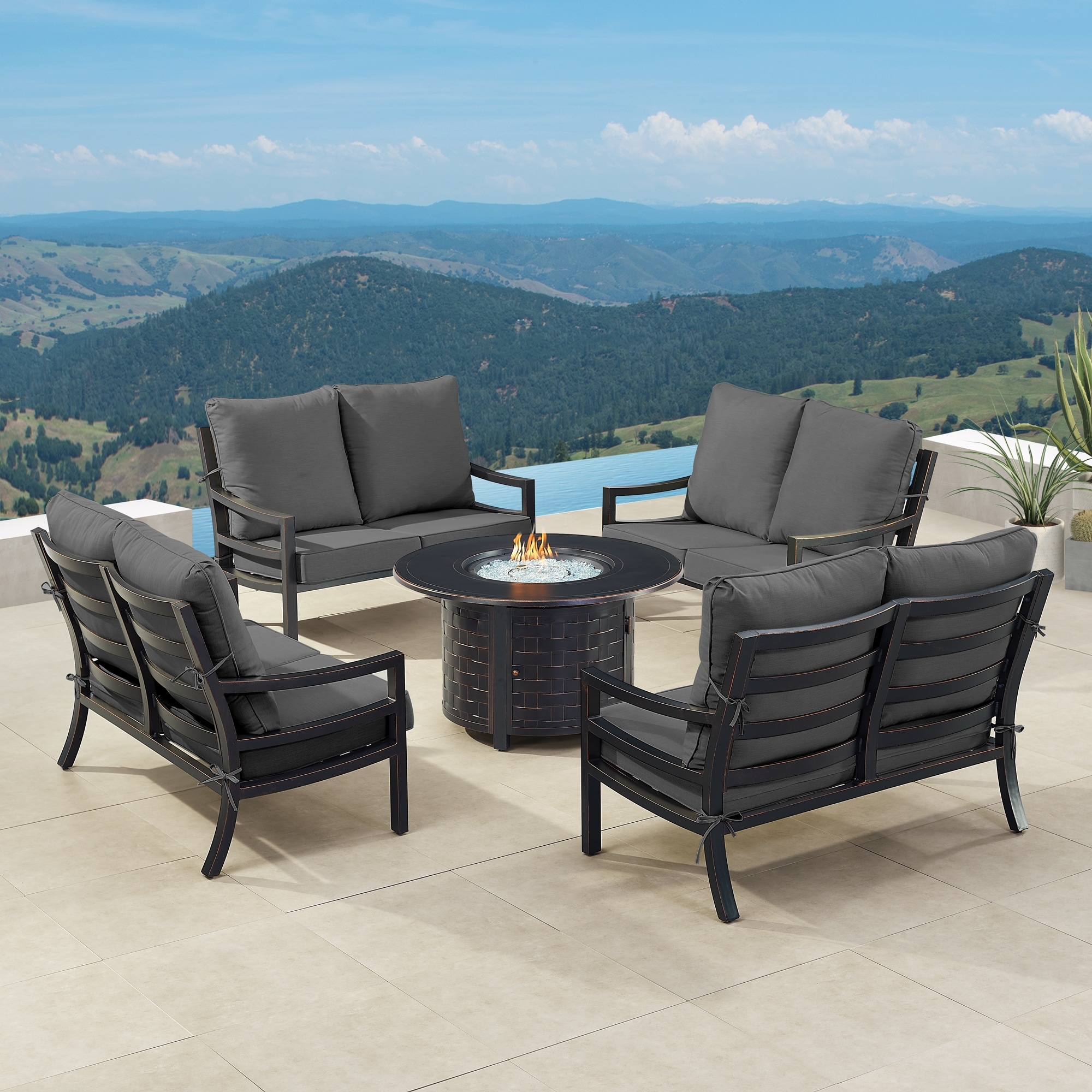 Black Aluminum Fire Table Set with Four Deep Seating Loveseat with Cushions