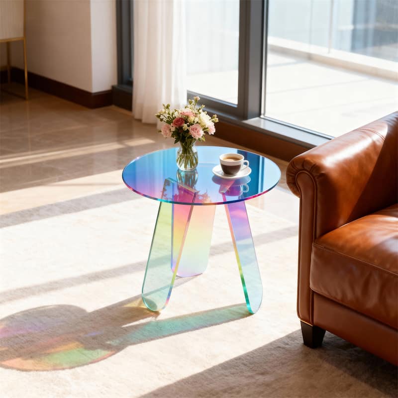 Acrylic Coffee Side Table Round Iridescent Rainbow End Table with PVC Table Cover