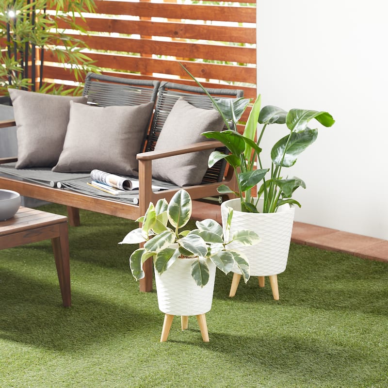 White or Grey Fiber Clay Wood Boho Eclectic Planter (Set of 2) - S/2 14", 16"H