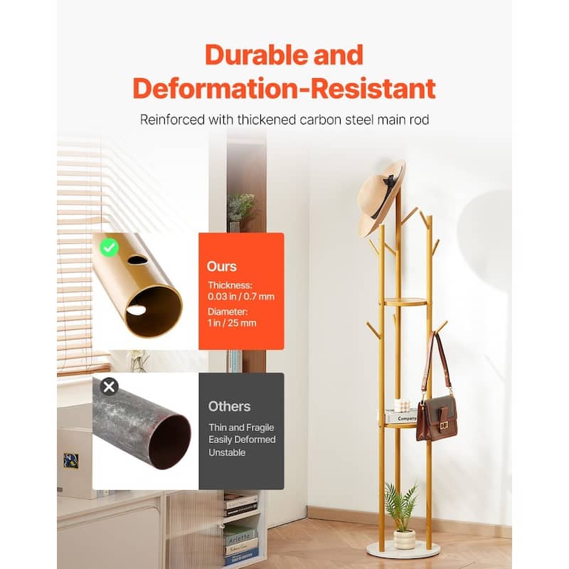 9-Hook Freestanding Coat Rack Stand with Gold Finish and Quartz Base for Living room or Bedroom - 13.4” x 13.4” x 66.93”