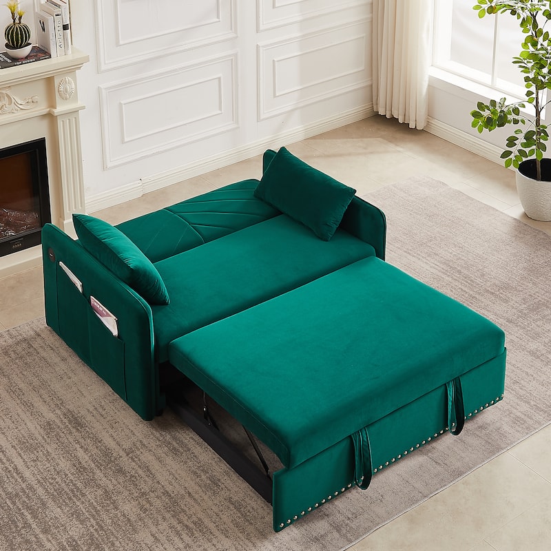 Sleeper Sofa Bed w/USB Port,3-in-1 adjustable sleeper with pull-out bed,2 lumbar pillows,side pocket,velvet convertible sofa bed