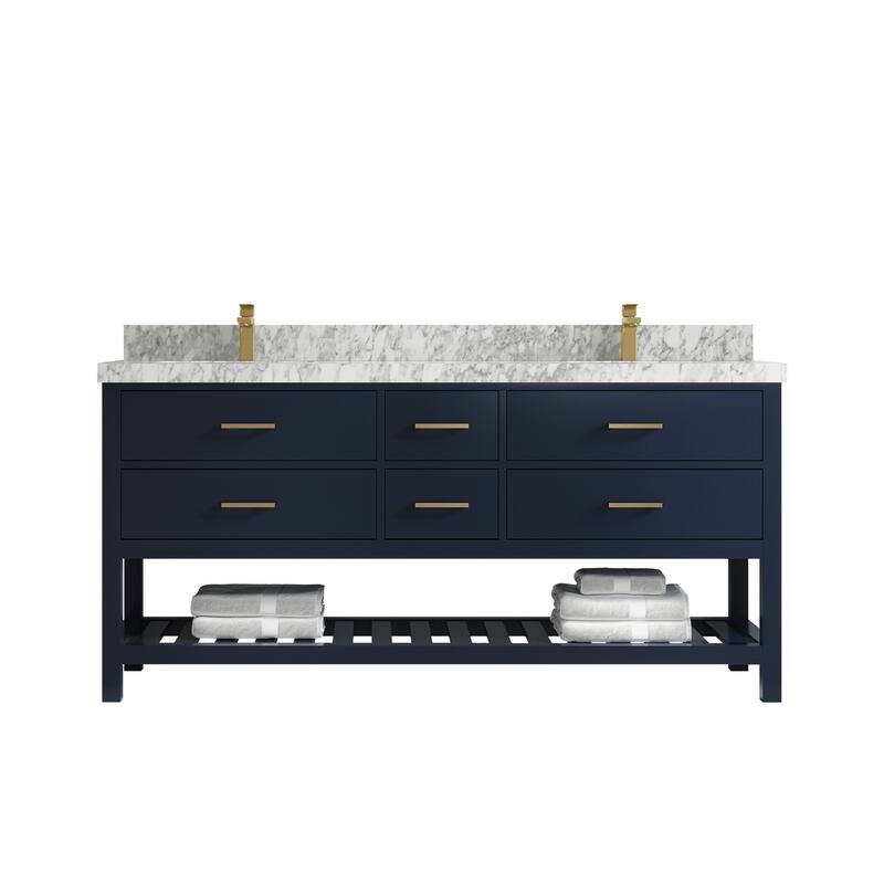 Willow Collections 72 in. W x 22 in. D Parker Double Sink Bathroom Vanity with Countertop - 2" Carrara Marble - Navy Blue