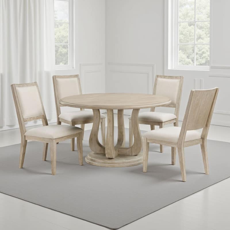 Eva 5pc Dining Table Set, White Washed Round Wood Top, Beige Chairs