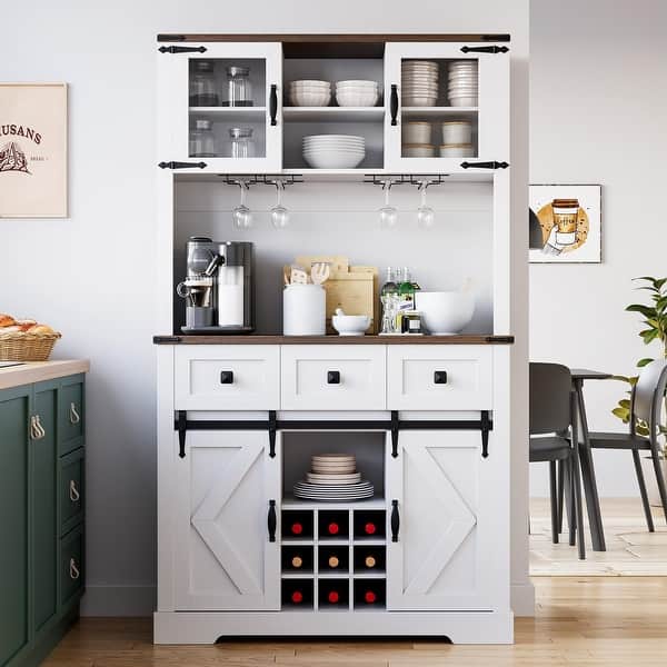 Farmhouse Bar Cabinet with Sliding Barn Door - White