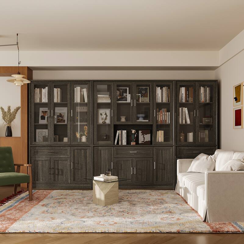 Modular Glass Door Bookcase Wall Unit with Storage Cabinets and Drawers, Dark Oak Display Hutch for Living Room or Home Office