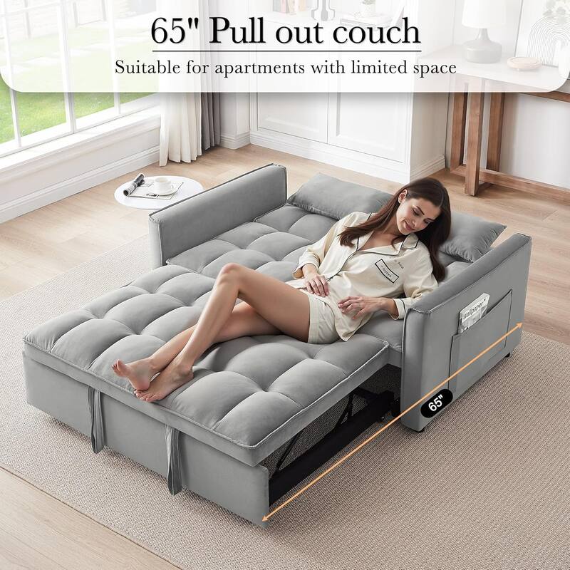 3 in 1 Convertible Sleeper Sofa Bed, Futon Couches for Living Room with Side Pocket, Adjustable Backrest