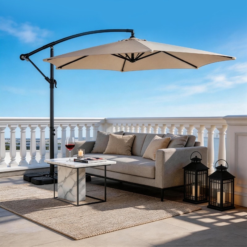 10ft outdoor patio sun shade umbrella cantilever Kozyard 10 ft (4 Color Options) Beige maximizing the usable shaded area underneath 10 FT Outdoor Patio Solar