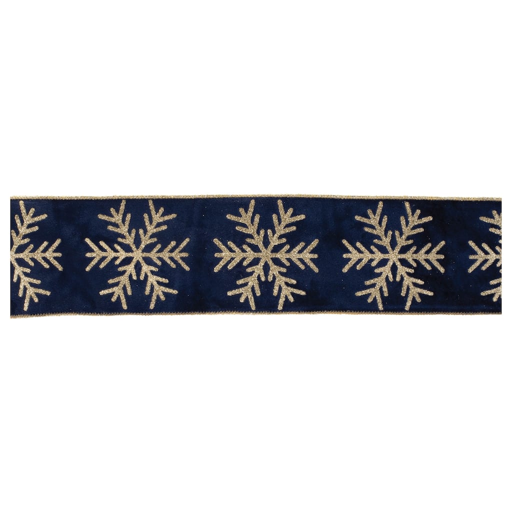Glitter Snowflake Wired Ribbon Navy Blue Gold Trim 4 Inch x 5 Yards - 180” x 4”x 0.25”
