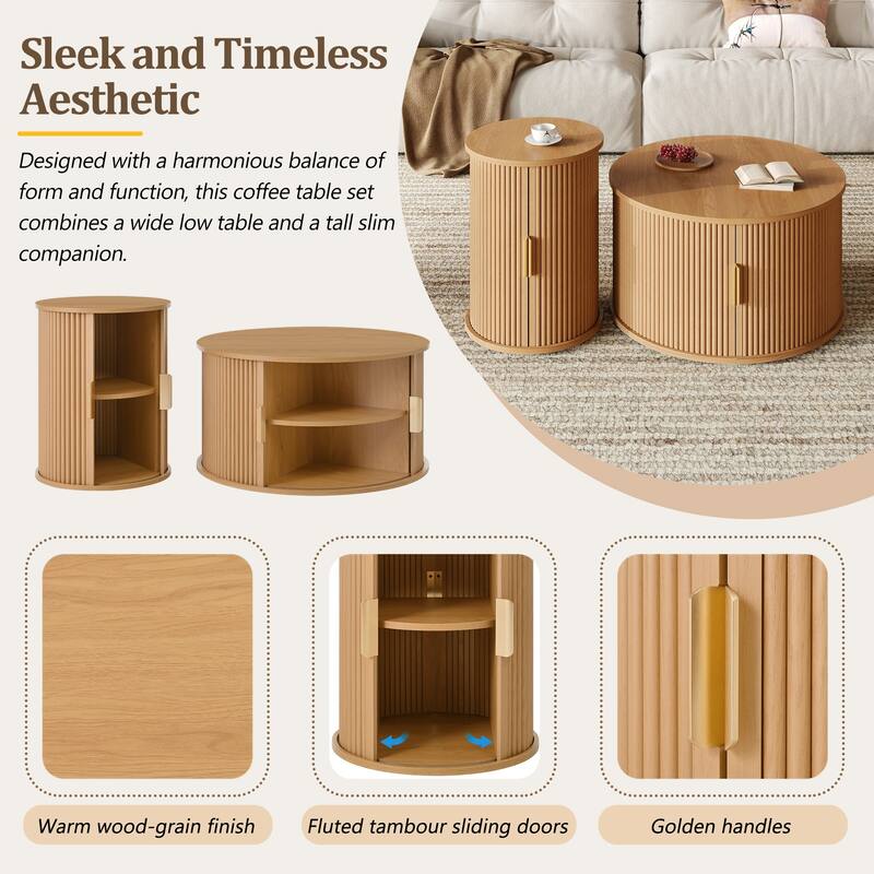 2-Piece Mid-Century Round Coffee Table Set with Sliding Doors and Storage for Stylish Living Room Organization