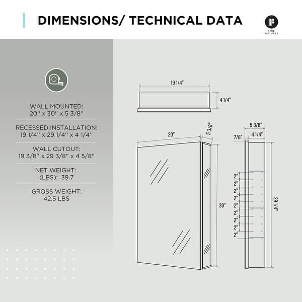 dimension image slide 1 of 15, Bathroom Medicine Cabinet, Aluminum, Recessed/Surface Mount, Right/Left Hinged, Mirrored Interior