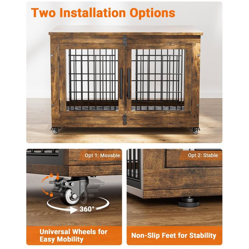 Dog Crate Furniture with Cushion Double Doors Wooden Dog Kennel