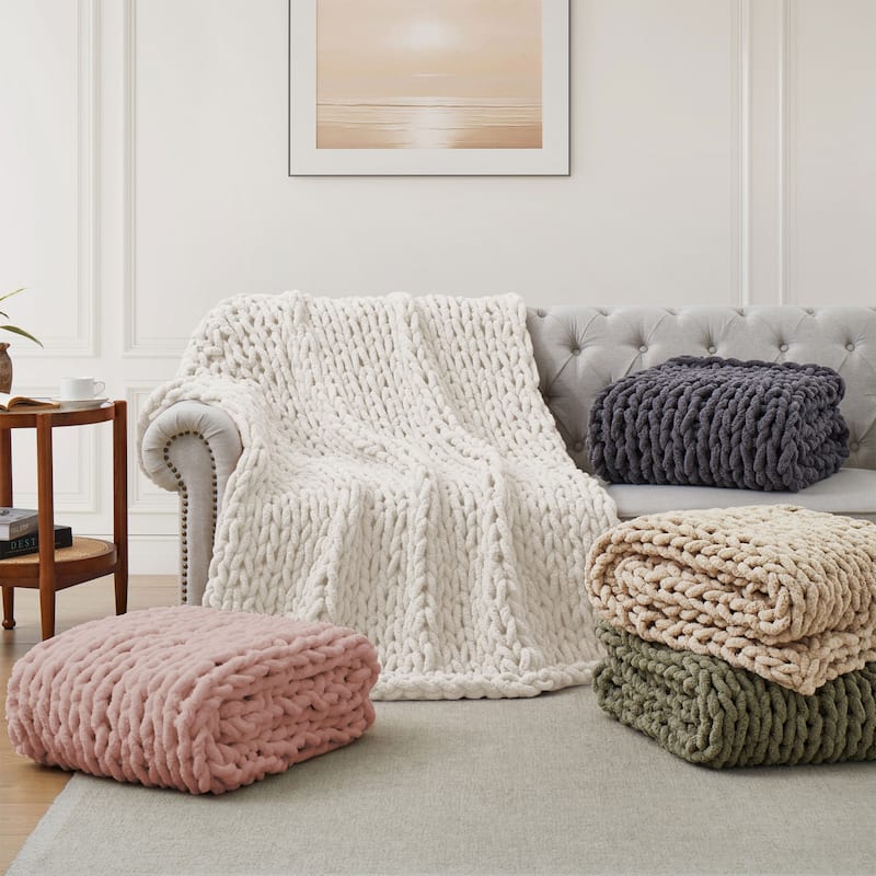 Handmade Chunky Knit Chenille Yarn Throw Blanket 50"x60"