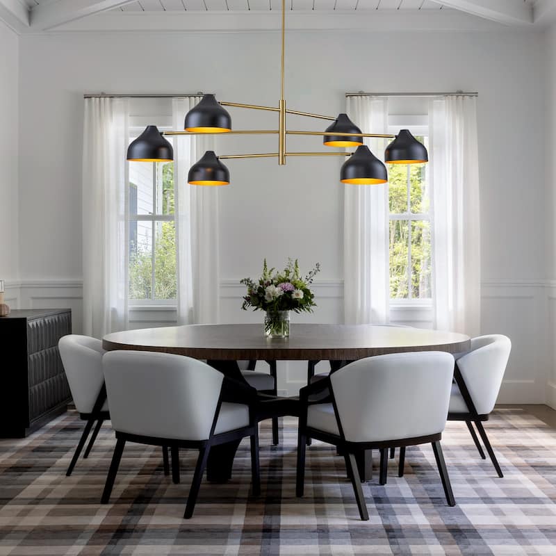 6-Light Mid-Century Matte Black & Gold Linear Chandelier Iron Shades - W 55.12-in